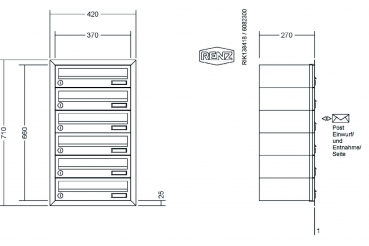 RENZ Briefkastenanlage Unterputz, Eckrahmen, Edelstahl V4A, Kastenformat 370x110x270mm, 6-teilig